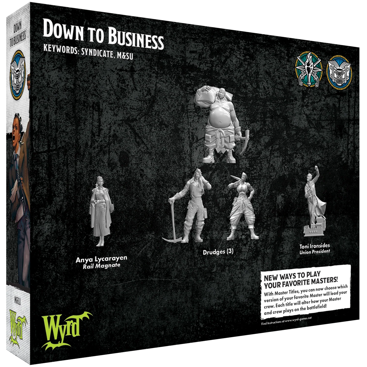 The back of the Malifaux "Down To Business" box, displaying the unpainted plastic miniatures of Anya Lycarayen, Toni Ironsides, and three Drudges.