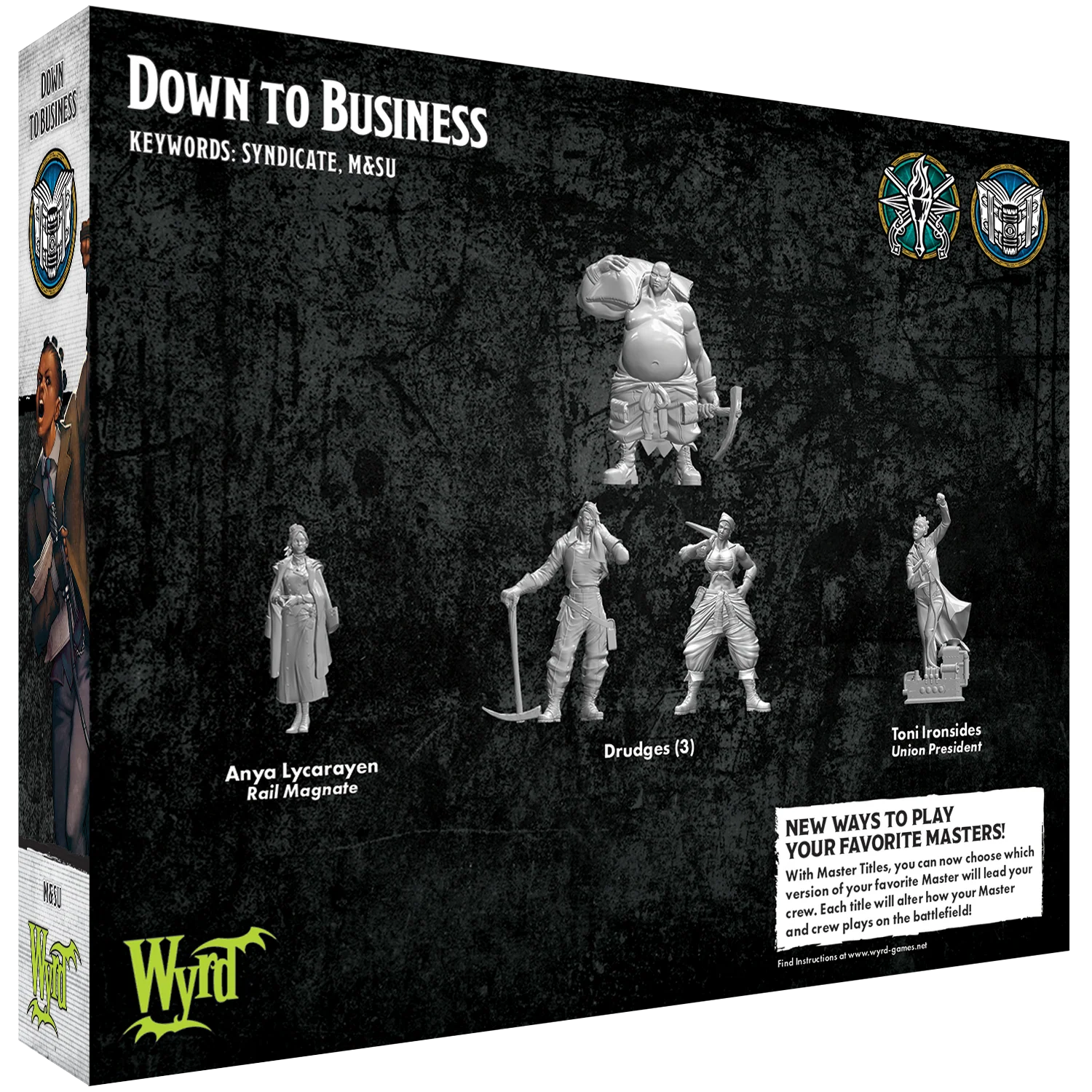 The back of the Malifaux "Down To Business" box, displaying the unpainted plastic miniatures of Anya Lycarayen, Toni Ironsides, and three Drudges.