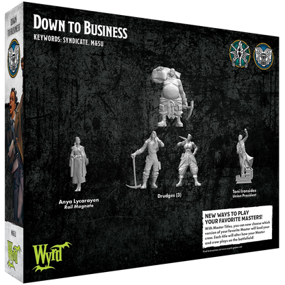 The back of the Malifaux "Down To Business" box, displaying the unpainted plastic miniatures of Anya Lycarayen, Toni Ironsides, and three Drudges.