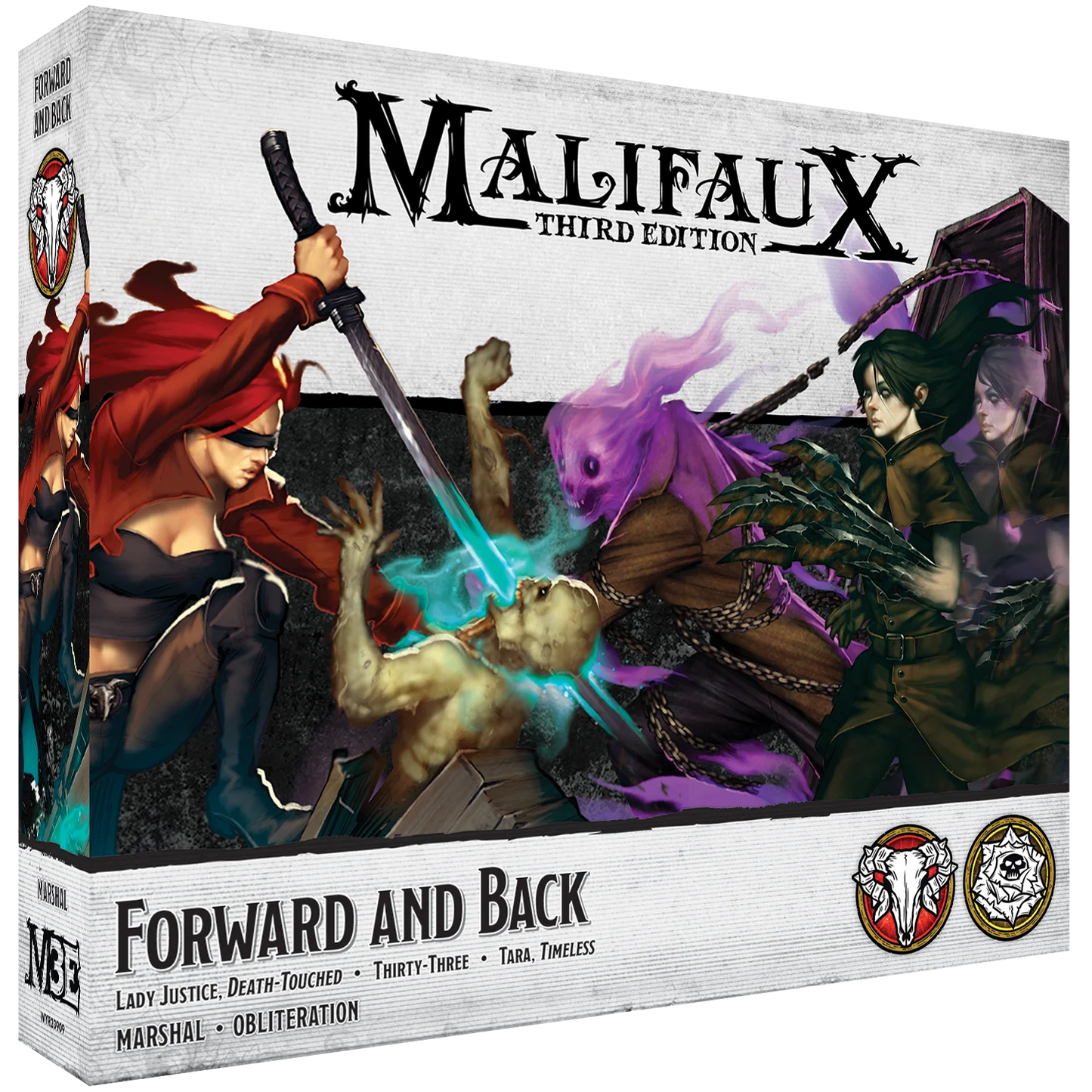 The box for the Malifaux Third Edition set, Forward and Back, featuring new versions of Lady Justice and Tara.