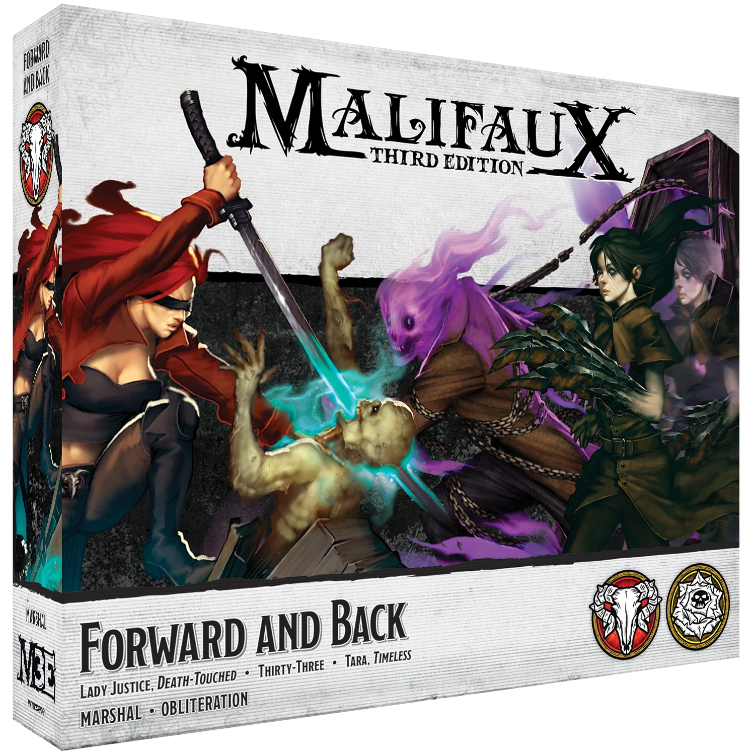 The box for the Malifaux Third Edition set, Forward and Back, featuring new versions of Lady Justice and Tara.