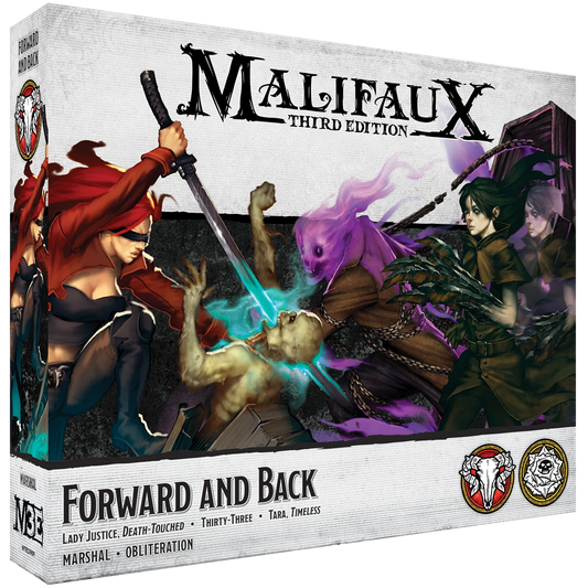 The box for the Malifaux Third Edition set, Forward and Back, featuring new versions of Lady Justice and Tara.