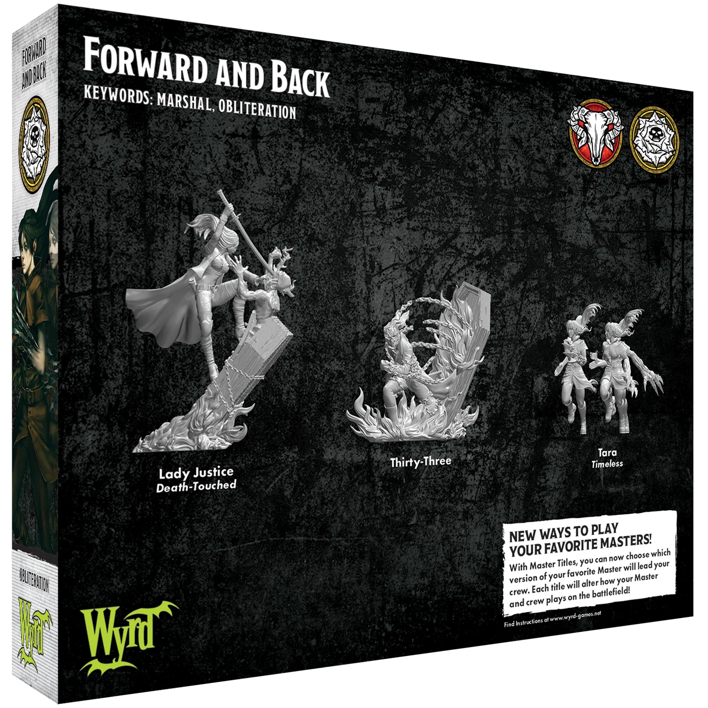 The back of the Forward and Back box, showing the renders for the 3 included Malifaux Master Title miniatures.
