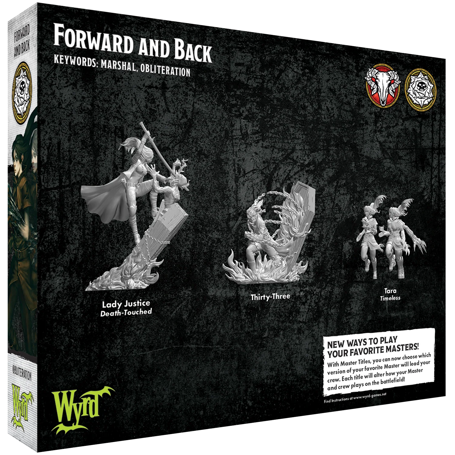 The back of the Forward and Back box, showing the renders for the 3 included Malifaux Master Title miniatures.