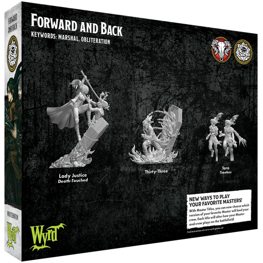 The back of the Forward and Back box, showing the renders for the 3 included Malifaux Master Title miniatures.