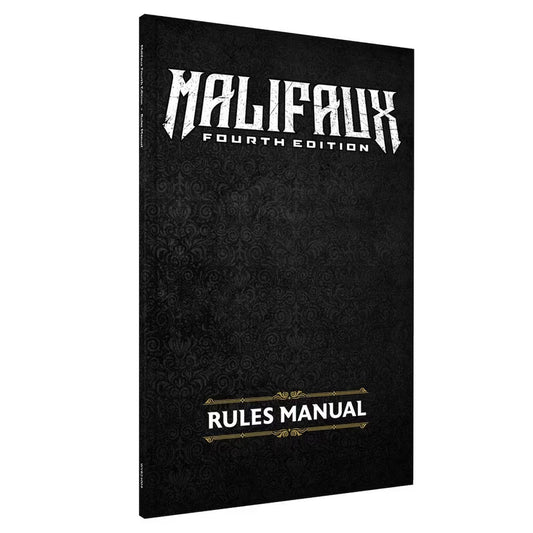 The cover of the Malifaux Fourth Edition Rules Manual, a black book with the Malifaux logo and gold lettering.