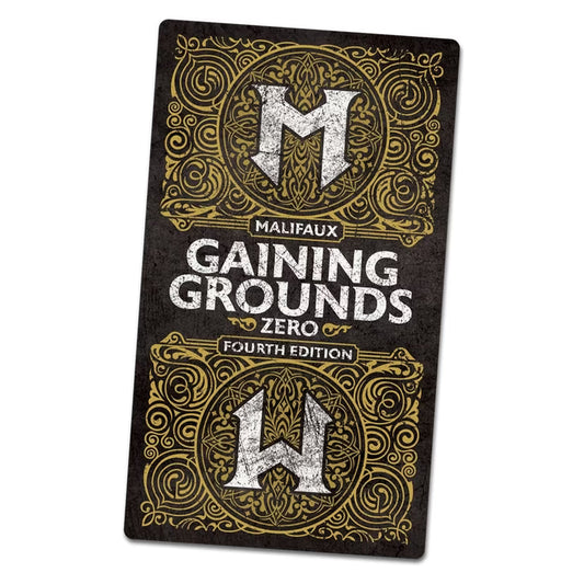 The Gaining Grounds Season Zero deck for Malifaux Fourth Edition, showing the ornate black and gold card back design.