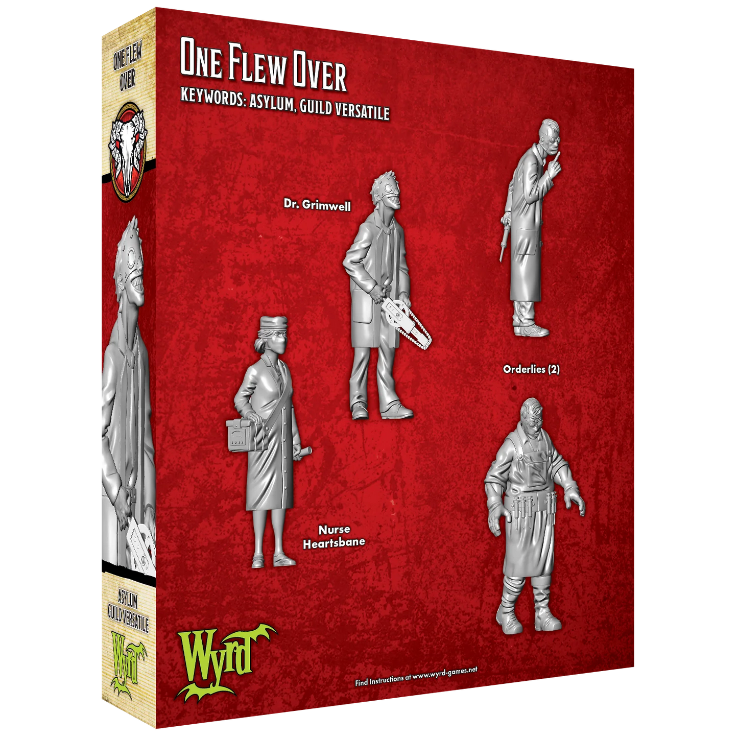 The back of the One Flew Over box, showing the renders for the 4 included Malifaux miniatures.
