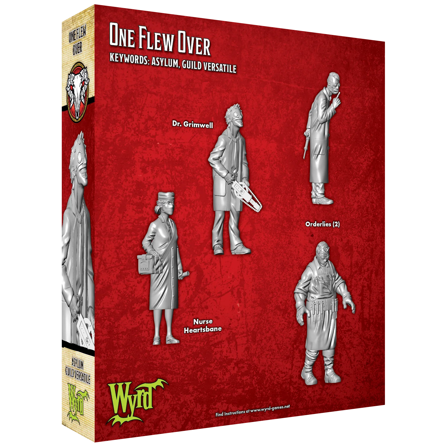 The back of the One Flew Over box, showing the renders for the 4 included Malifaux miniatures.
