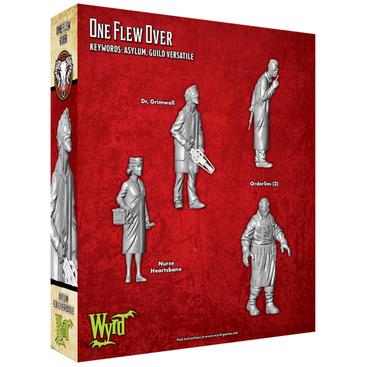 The back of the One Flew Over box, showing the renders for the 4 included Malifaux miniatures.