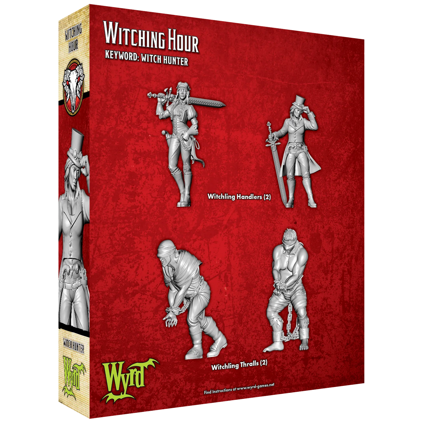 The back of the Witching Hour box, showing the renders for the 4 included Malifaux miniatures.