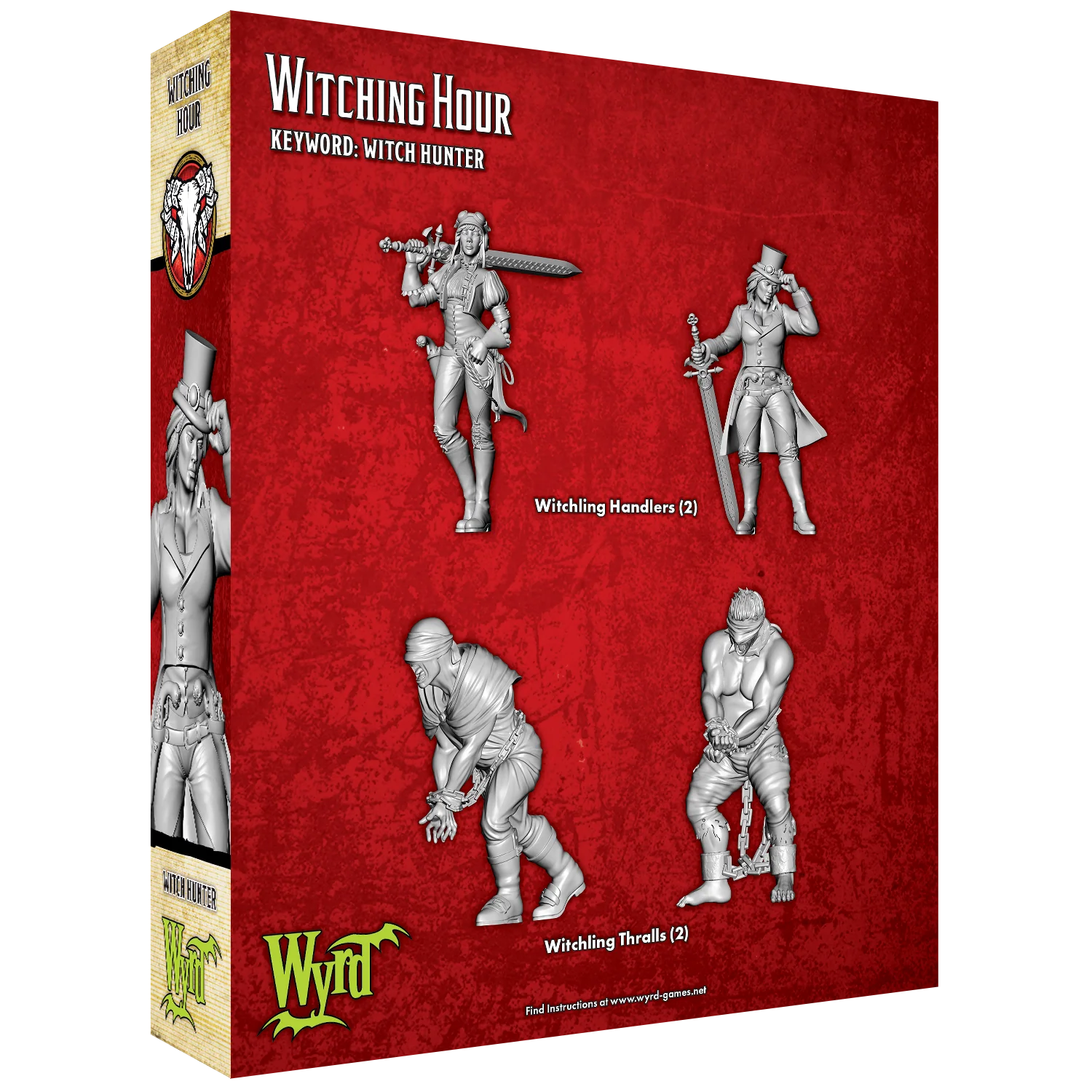 The back of the Witching Hour box, showing the renders for the 4 included Malifaux miniatures.