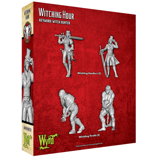 The back of the Witching Hour box, showing the renders for the 4 included Malifaux miniatures.