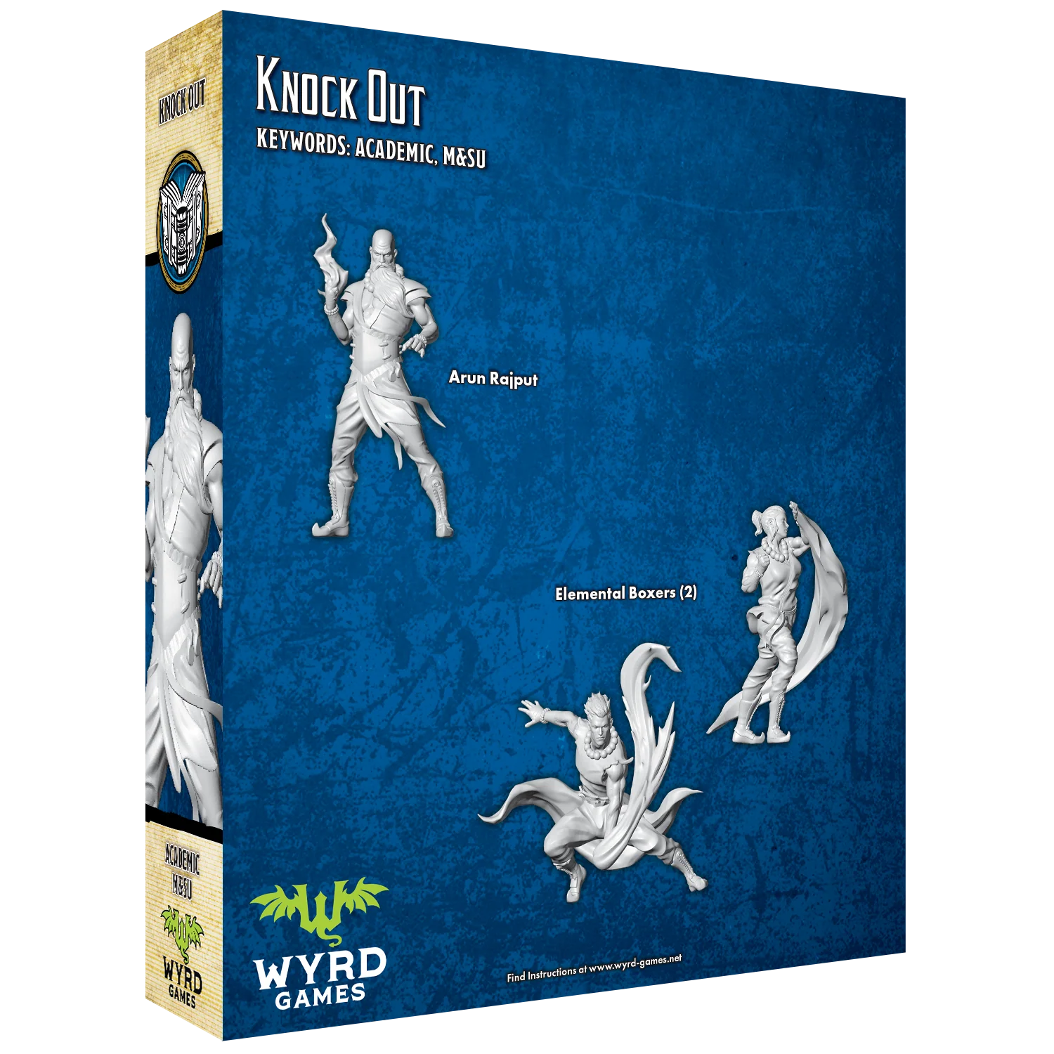 The back of the Malifaux "Knock Out" box, showing the unpainted plastic miniatures of Arun Rajput and two Elemental Boxers in dynamic poses.