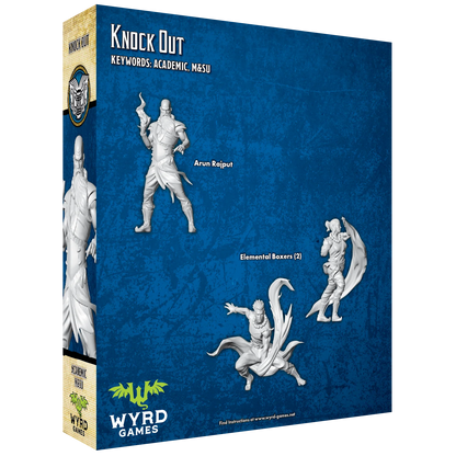 The back of the Malifaux "Knock Out" box, showing the unpainted plastic miniatures of Arun Rajput and two Elemental Boxers in dynamic poses.