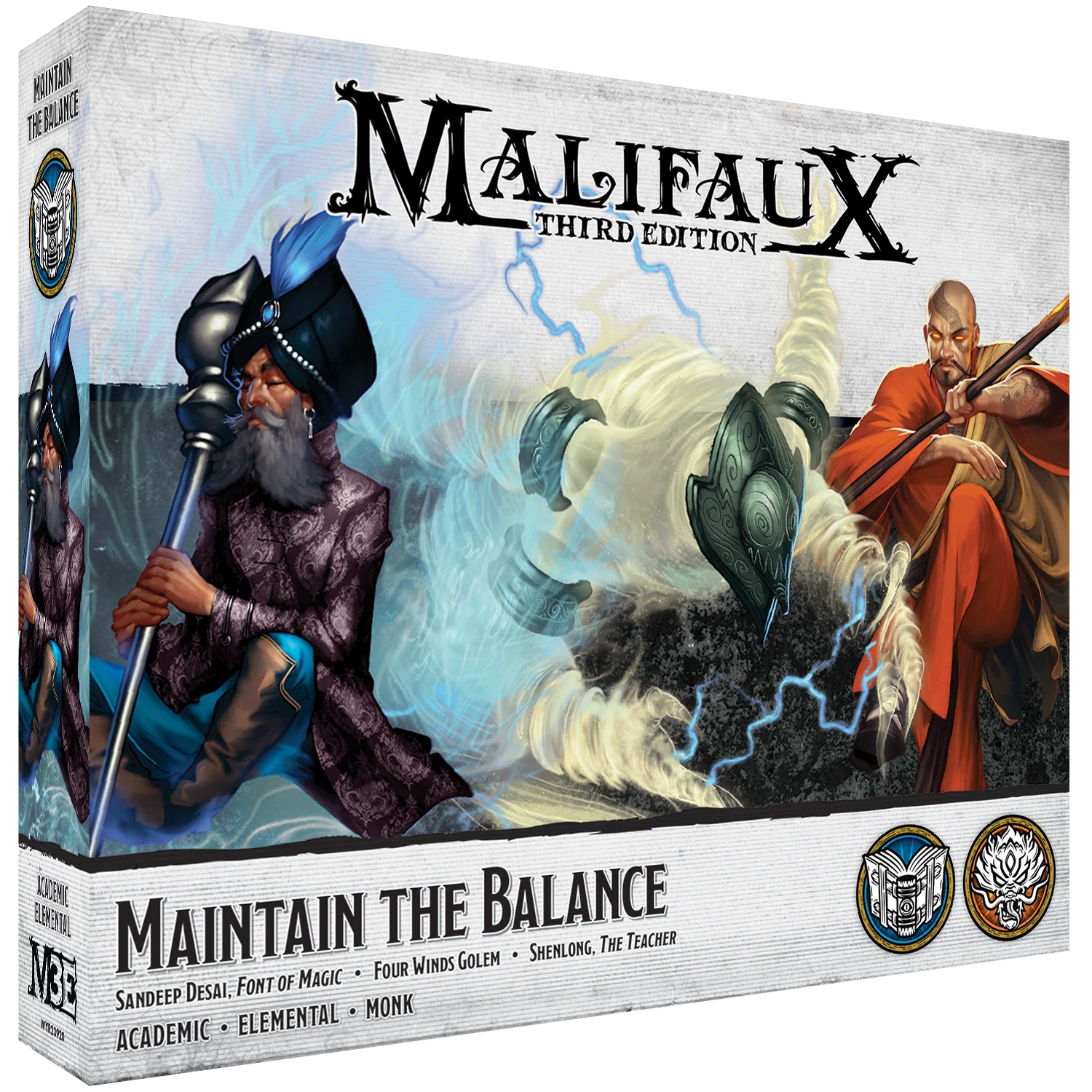 The box for the Malifaux Third Edition set, Maintain the Balance, featuring new versions of Sandeep Desai and Shenlong.