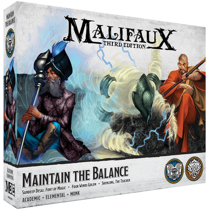 The box for the Malifaux Third Edition set, Maintain the Balance, featuring new versions of Sandeep Desai and Shenlong.