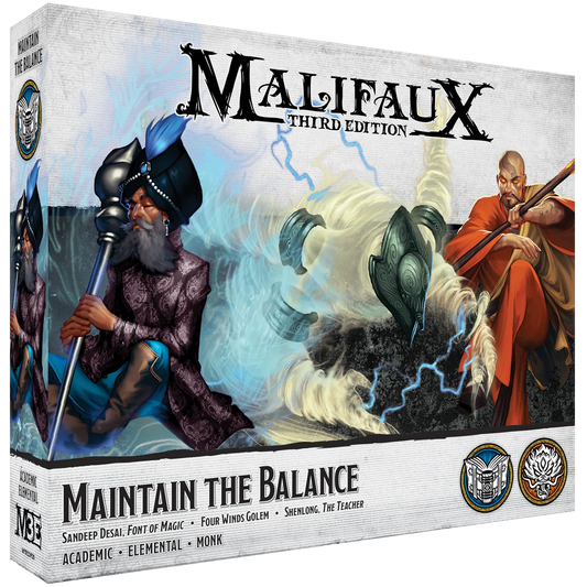 The box for the Malifaux Third Edition set, Maintain the Balance, featuring new versions of Sandeep Desai and Shenlong.