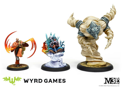A group shot of the 3 painted miniatures from the Maintain the Balance box: Sandeep Desai, Shenlong, and the Four Winds Golem.