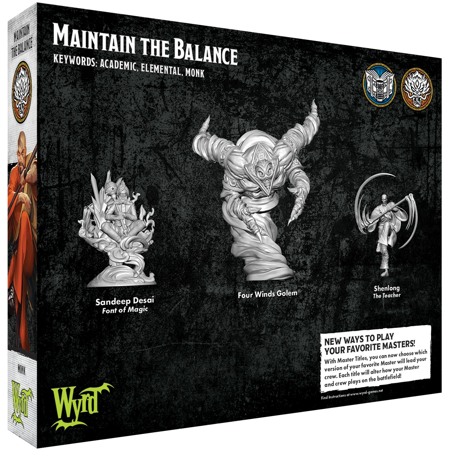 The back of the Maintain the Balance box, showing the renders for the 3 included Malifaux Master Title miniatures.