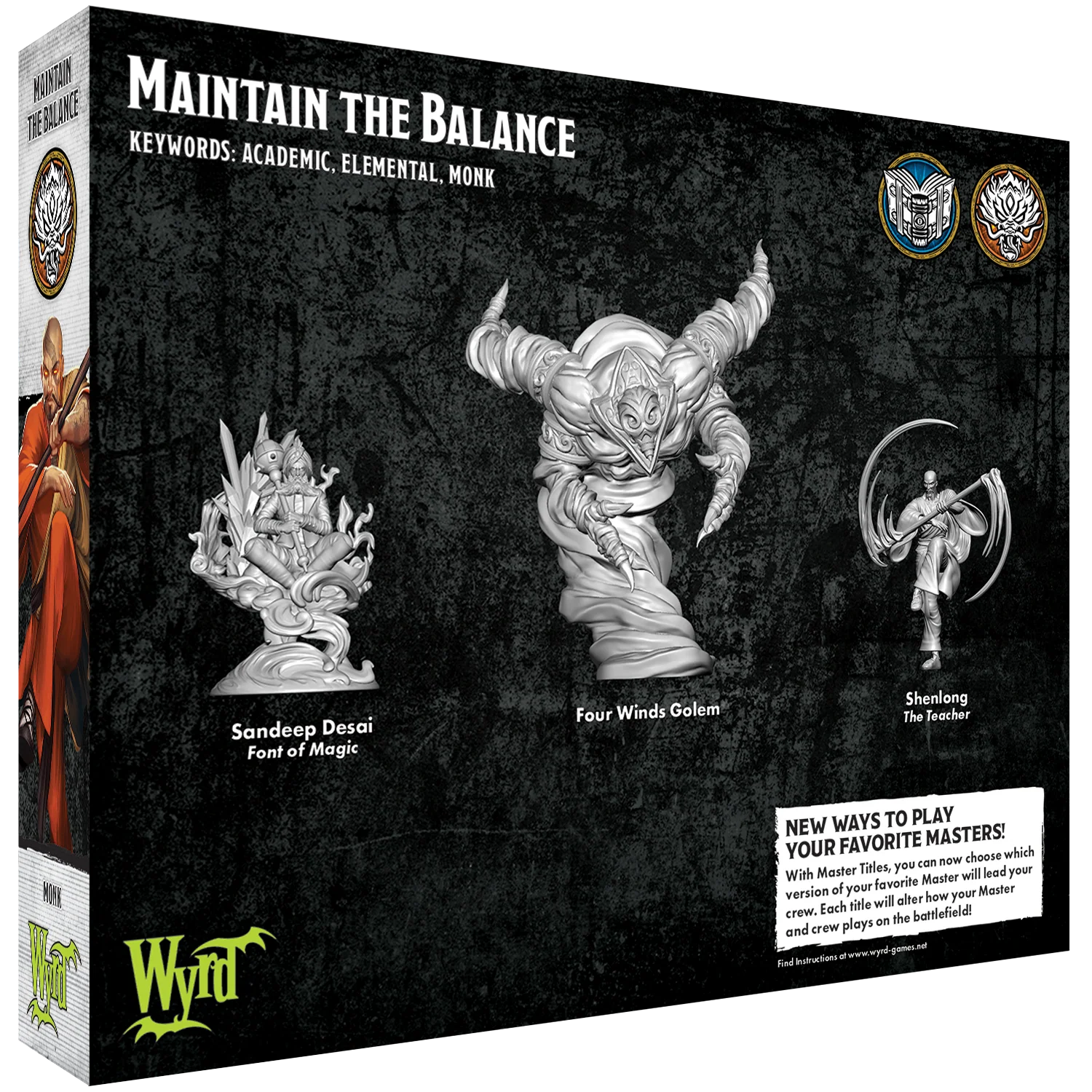 The back of the Maintain the Balance box, showing the renders for the 3 included Malifaux Master Title miniatures.