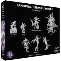 The back of the Pandora, Despair's Desire box, showing the renders for the 7 included Malifaux miniatures.