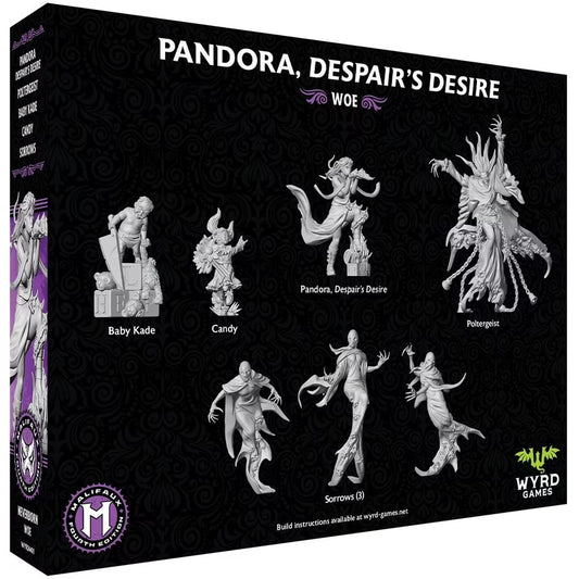The back of the Pandora, Despair's Desire box, showing the renders for the 7 included Malifaux miniatures.