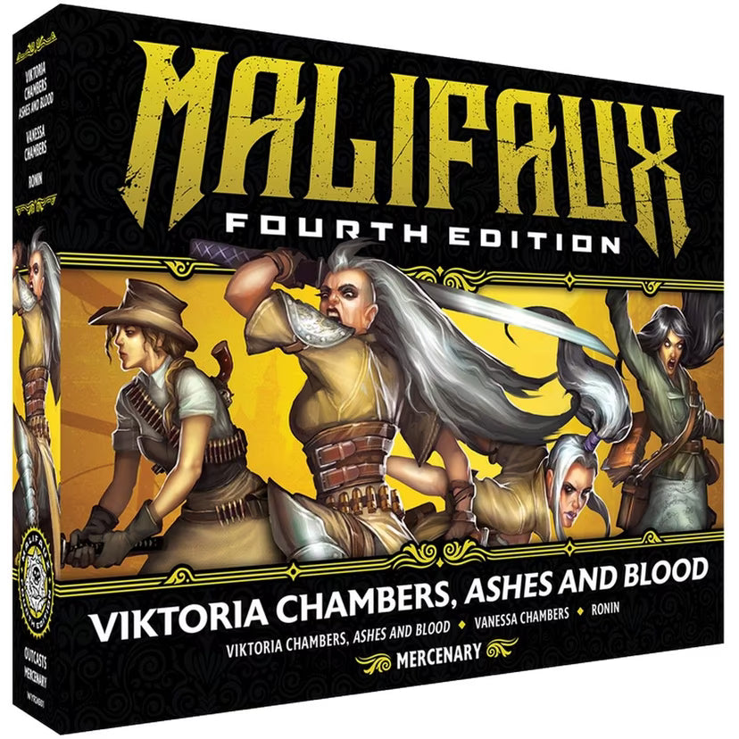 The box for the Malifaux Fourth Edition core box, Viktoria Chambers, Ashes and Blood, for the Outcasts faction.