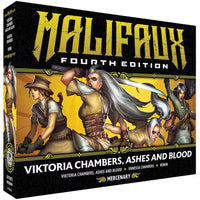 The box for the Malifaux Fourth Edition core box, Viktoria Chambers, Ashes and Blood, for the Outcasts faction.