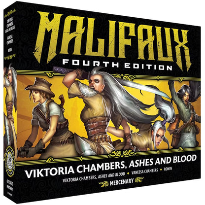 The box for the Malifaux Fourth Edition core box, Viktoria Chambers, Ashes and Blood, for the Outcasts faction.