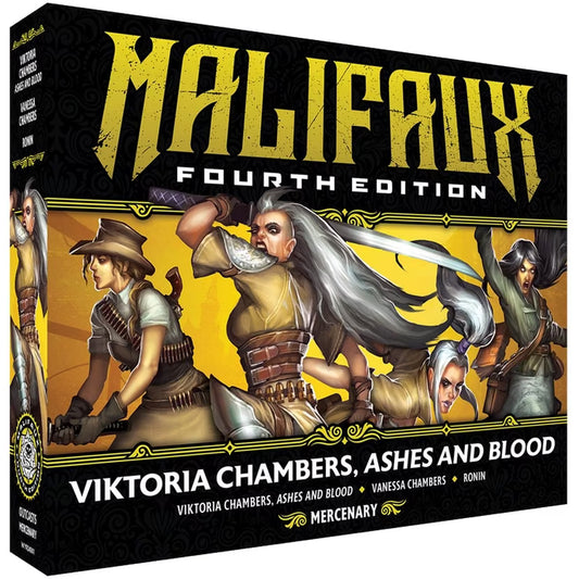The box for the Malifaux Fourth Edition core box, Viktoria Chambers, Ashes and Blood, for the Outcasts faction.