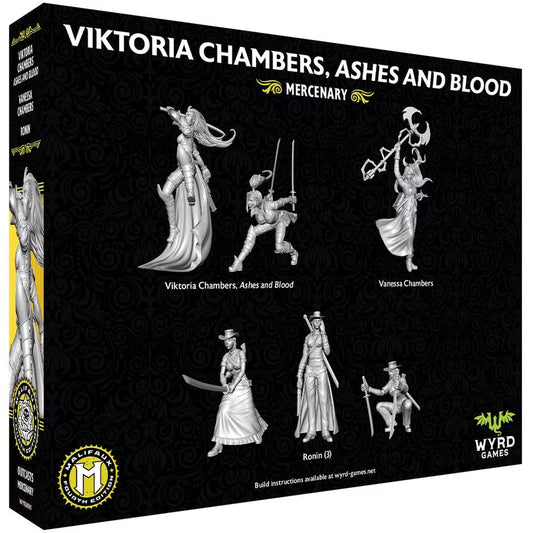 The back of the Viktoria Chambers, Ashes and Blood box, showing the renders for the 5 included miniatures.