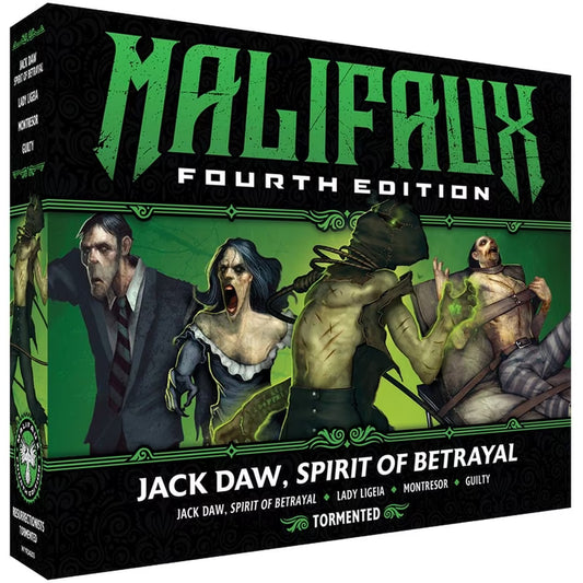 The box for the Malifaux Fourth Edition core box, Jack Daw, Spirit of Betrayal, for the Resurrectionists faction.
