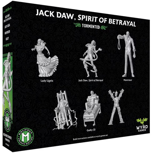 The back of the Jack Daw, Spirit of Betrayal box, showing the renders for the 6 included Malifaux miniatures.