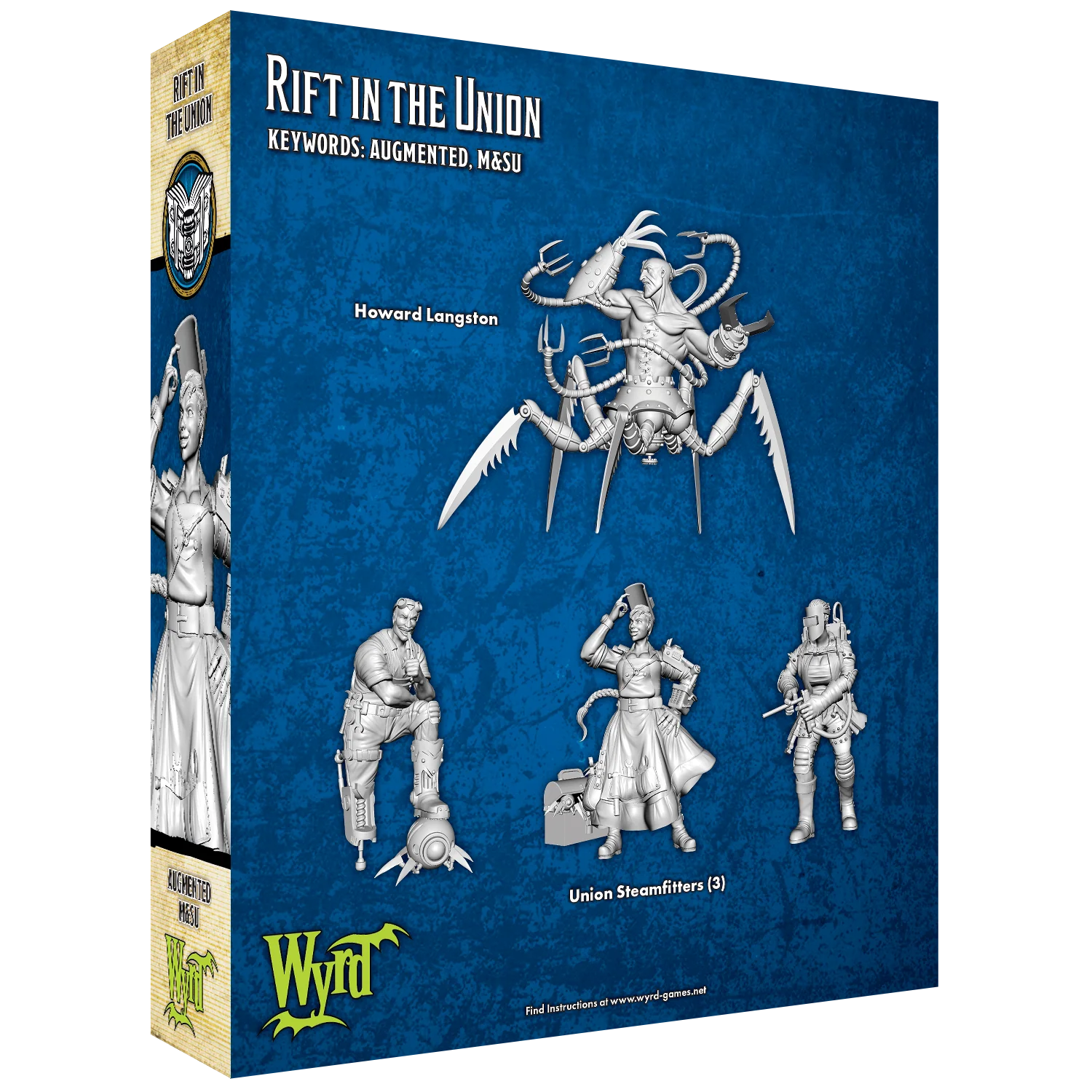 The back of the Malifaux "Rift In The Union" box, displaying the unpainted plastic miniatures of Howard Langston and three Union Steamfitters.