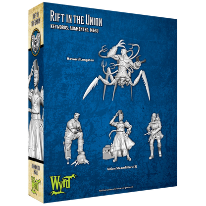 The back of the Malifaux "Rift In The Union" box, displaying the unpainted plastic miniatures of Howard Langston and three Union Steamfitters.