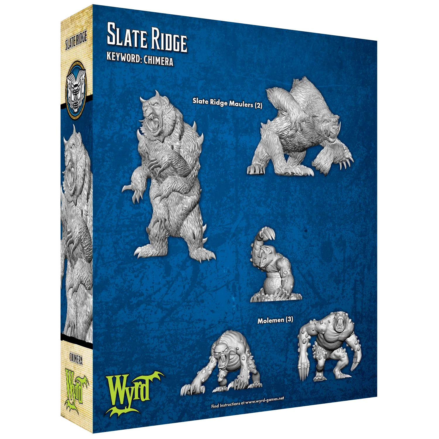 The back of the Malifaux "Slate Ridge" box, displaying the unpainted plastic miniatures for two Slate Ridge Maulers and three Molemen.