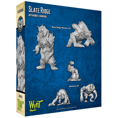 The back of the Malifaux "Slate Ridge" box, displaying the unpainted plastic miniatures for two Slate Ridge Maulers and three Molemen.