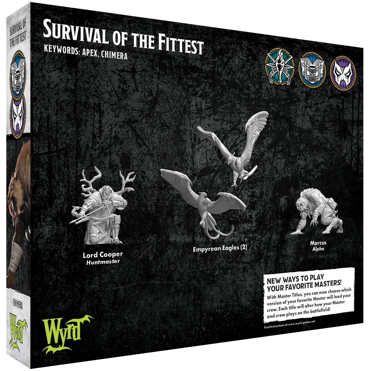  The back of the Malifaux Survival of the Fittest box, showing the unpainted plastic miniatures for Lord Cooper Huntmaster, two Empyrean Eagles, and Marcus Alpha.