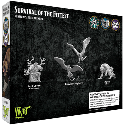  The back of the Malifaux Survival of the Fittest box, showing the unpainted plastic miniatures for Lord Cooper Huntmaster, two Empyrean Eagles, and Marcus Alpha.