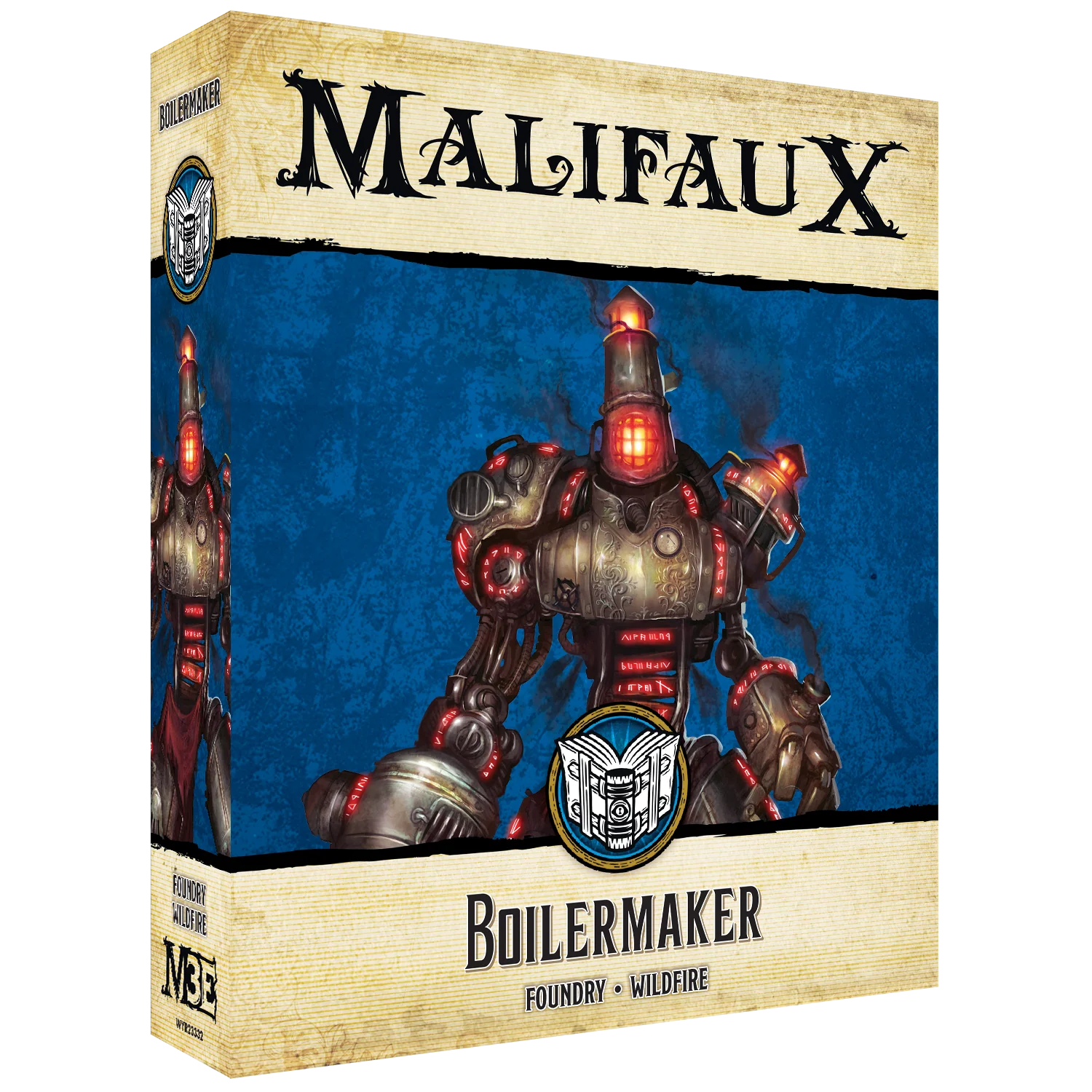  The front of the box for the Malifaux Third Edition "Boilermaker" set, showing artwork of a large, steam-powered construct from the Foundry and Wildfire factions.