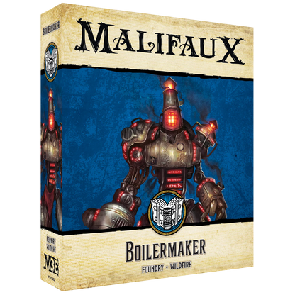  The front of the box for the Malifaux Third Edition "Boilermaker" set, showing artwork of a large, steam-powered construct from the Foundry and Wildfire factions.