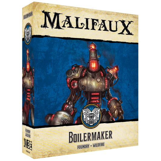  The front of the box for the Malifaux Third Edition "Boilermaker" set, showing artwork of a large, steam-powered construct from the Foundry and Wildfire factions.
