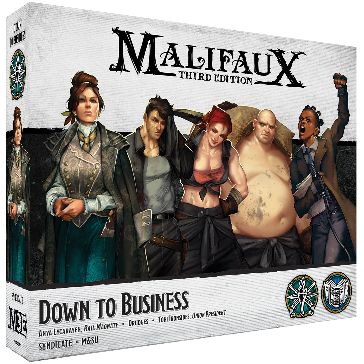 The front of the box for the Malifaux Third Edition "Down To Business" set, showing artwork of Anya Lycarayen, Toni Ironsides, and the Drudges from the Syndicate and M&SU factions.