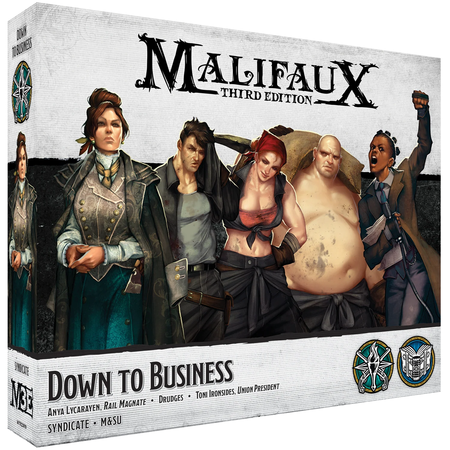 The front of the box for the Malifaux Third Edition "Down To Business" set, showing artwork of Anya Lycarayen, Toni Ironsides, and the Drudges from the Syndicate and M&SU factions.