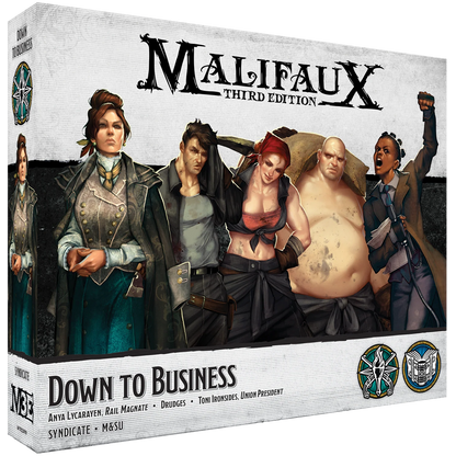 The front of the box for the Malifaux Third Edition "Down To Business" set, showing artwork of Anya Lycarayen, Toni Ironsides, and the Drudges from the Syndicate and M&SU factions.