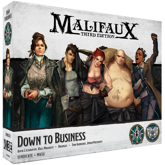 The front of the box for the Malifaux Third Edition "Down To Business" set, showing artwork of Anya Lycarayen, Toni Ironsides, and the Drudges from the Syndicate and M&SU factions.