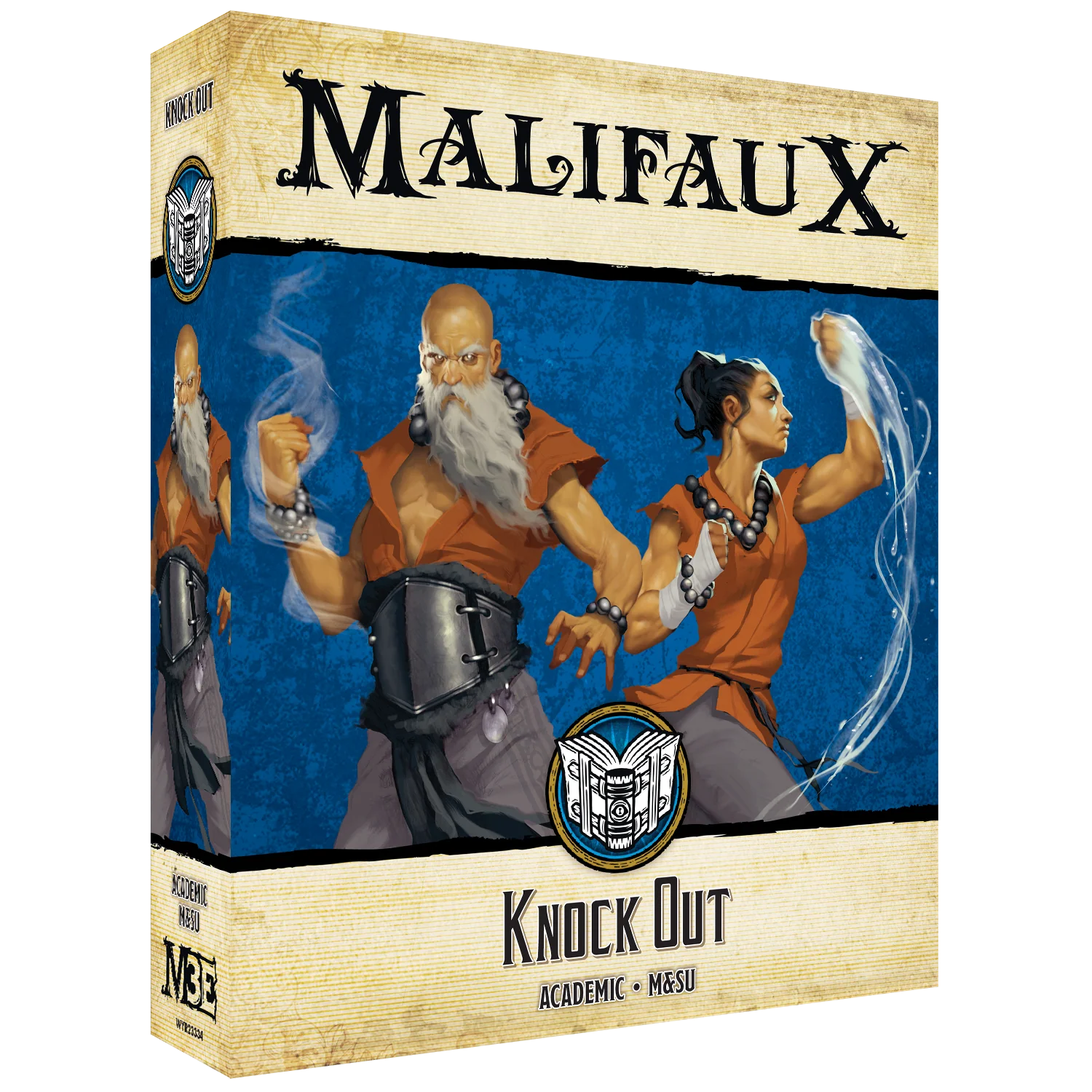 The front of the box for the Malifaux Third Edition "Knock Out" set, featuring artwork of two martial artists from the Academic and M&SU factions manipulating elemental energy.