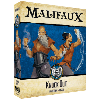 The front of the box for the Malifaux Third Edition "Knock Out" set, featuring artwork of two martial artists from the Academic and M&SU factions manipulating elemental energy.