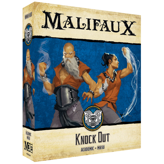 The front of the box for the Malifaux Third Edition "Knock Out" set, featuring artwork of two martial artists from the Academic and M&SU factions manipulating elemental energy.